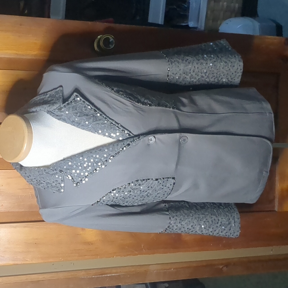 VENUS* size L sequin beaded lace stretch button front notch collar dressy blazer